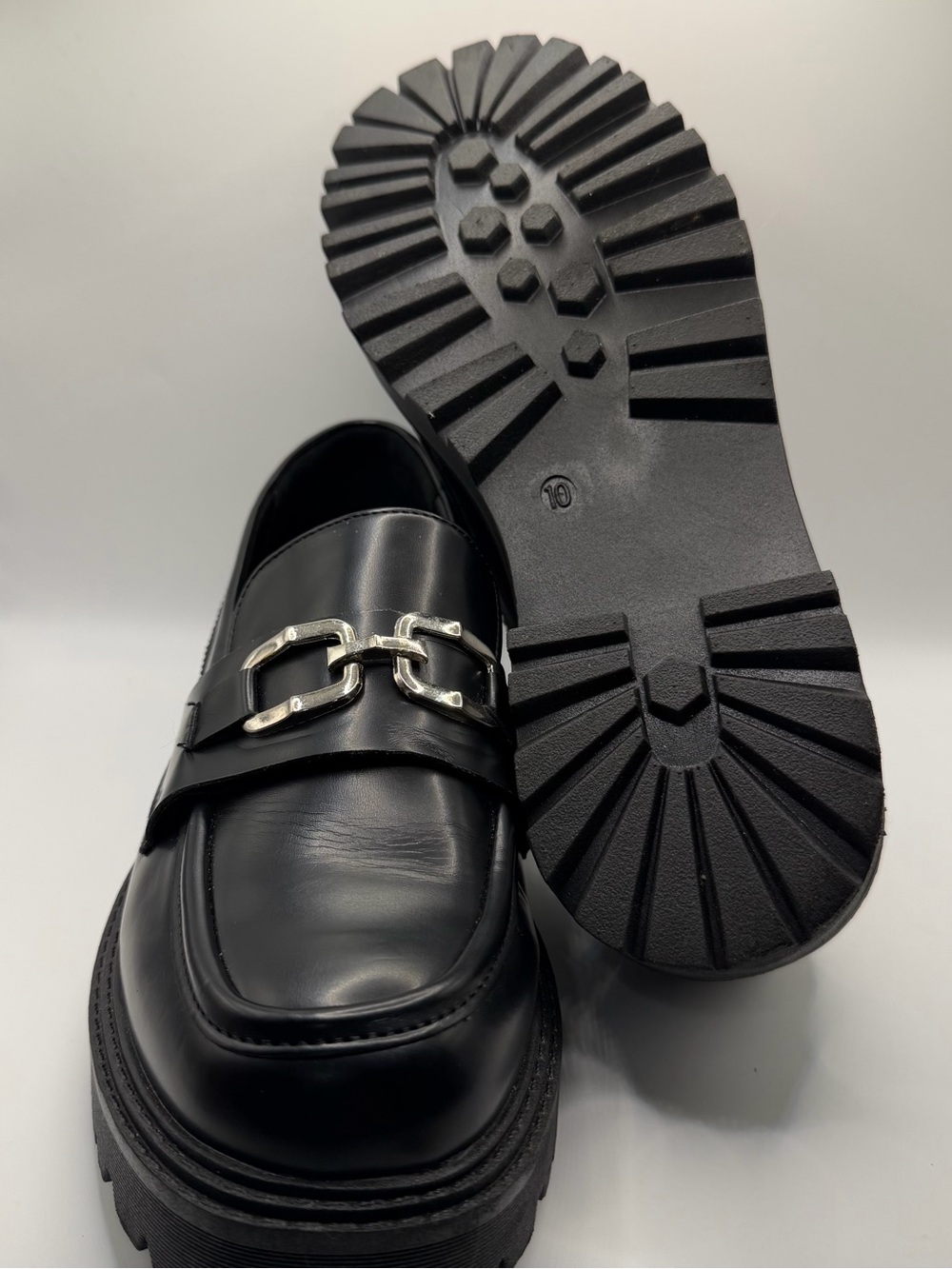 Women's Black Faux Leather Lug Sole Loafers with Silver Bit - Picture 7 of 9